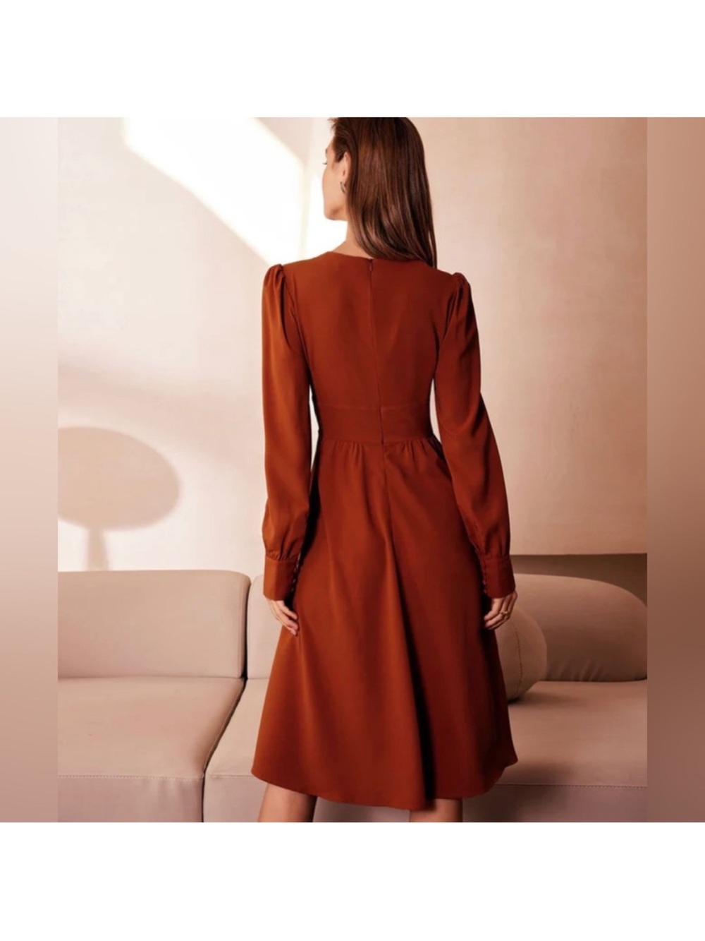 RIHOAS The Orange‎ V Neck Pleated Button Midi Dress size L
